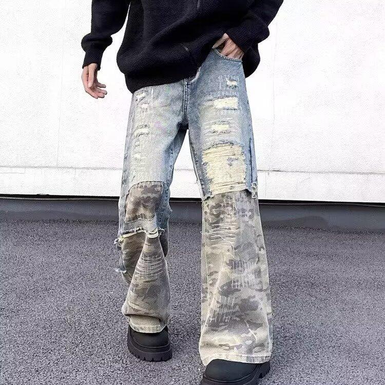 JYL Men's Straight Jeans American Vintage Ripped Casual Vintage Loose Denim Pants