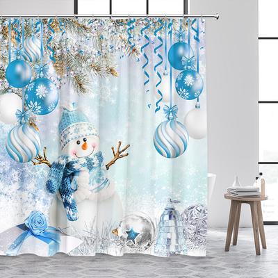Winter Christmas Shower Curtain Cute Snowman Red Truck Christmas Tree Forest Snow Scenery Home Bathroom Decor Bath Curtains Set