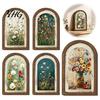 Vintage Aesthetic Wall Decor Arched Wooden Framed Art, Farmhouse Wildflower Oil Painting Prints, Solid Wood Picture Frame Ornament for Living