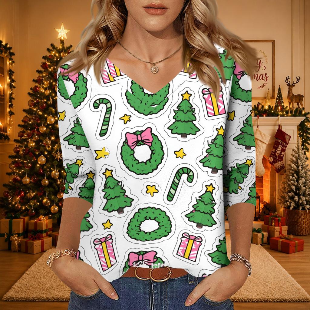 Women's Christmas Print V-Neck 3/4 Sleeve Loose Fit Casual Blouse Shirt Top