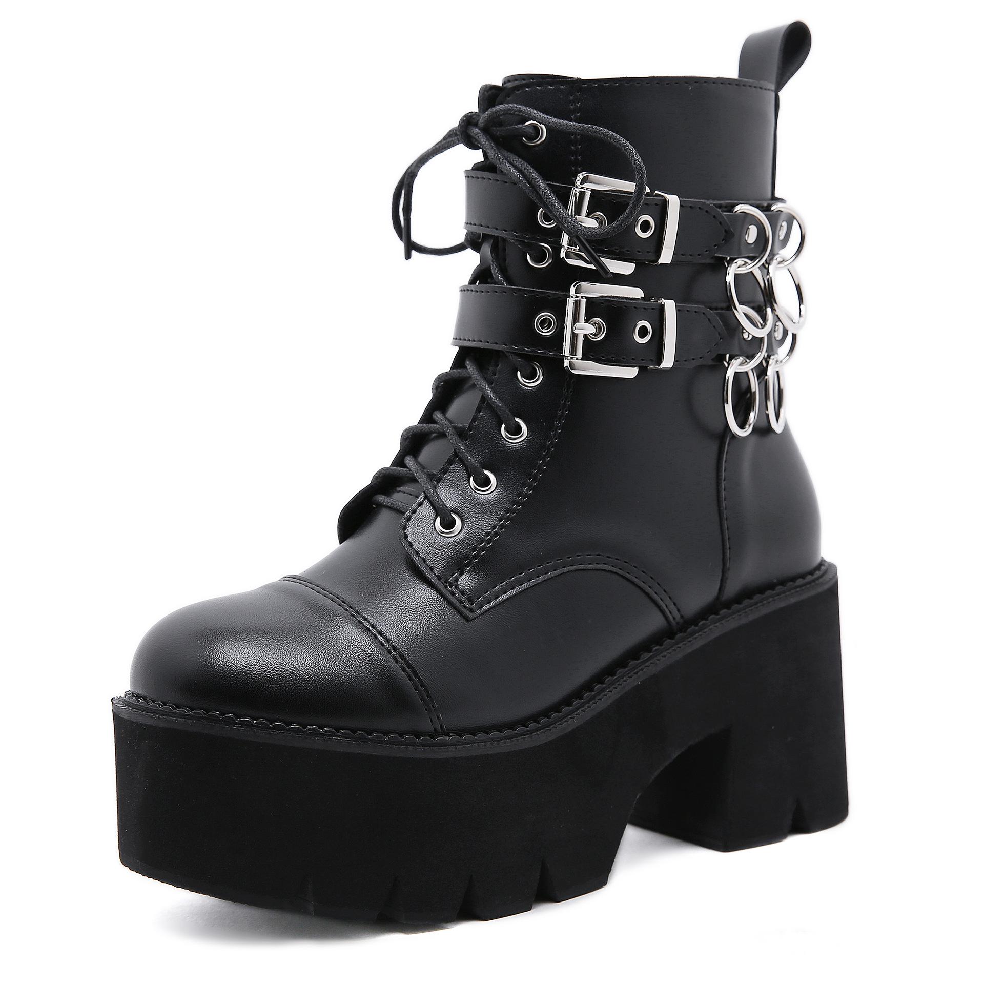 

Новые женские кожаные осенние сапоги на блочном каблуке, готические черные туфли в стиле панк на платформе, женская обувь, высококачественные сапоги для женщин 12 чёрный