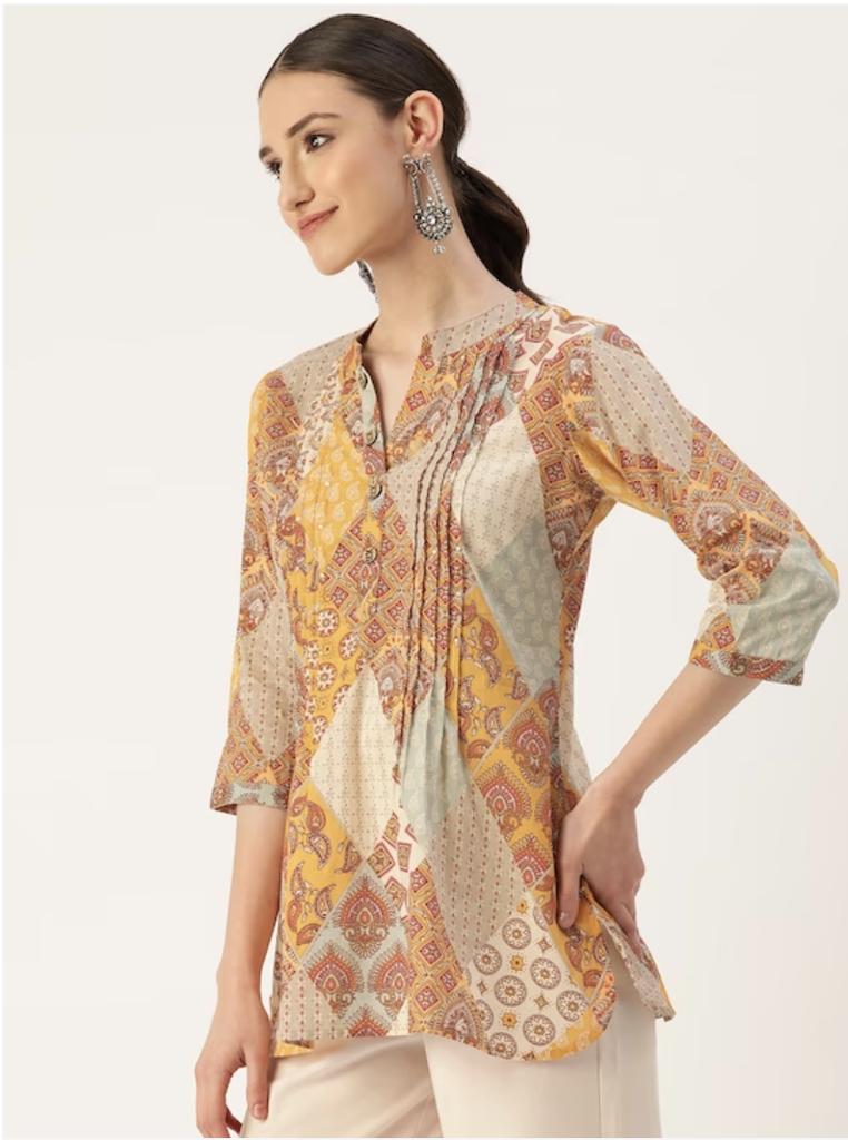 Woman Mustard Printed Pintucks A-line Top