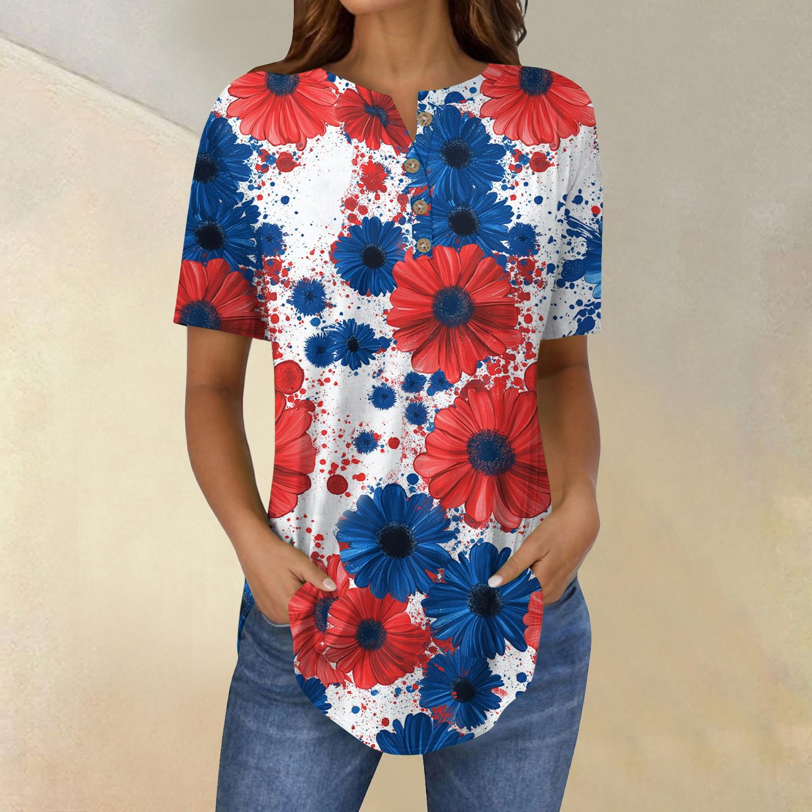 

Короткие рукава женские топы летние футболки принт V-образный вырез повседневные базовые футболки рубашки на пуговицах туники топы День независимости L красный