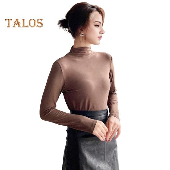 

Женская рубашка с длинным рукавом и полувысоким воротником, облегающая рубашка из эластичного однотонного материала для повседневной носки на работе кофейный