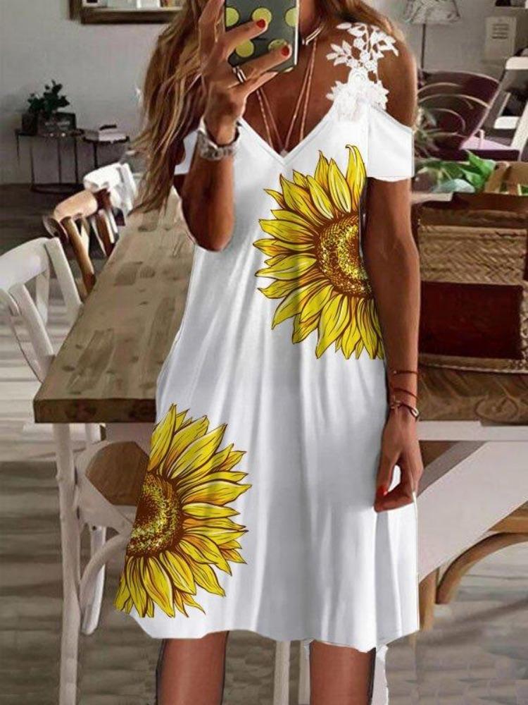 Sommer schulterfrei Blumendruck Sexy Spitze Sommerkleid Damen Lässig Strand Urlaubs Kleid Kurzarm Vestidos Mode Damen