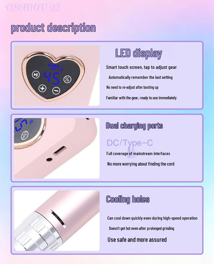 Portable Rechargeable Nail Art Machine 45000 RPM - Smart Silent Grinding & Shaping Tool for Nail Salons