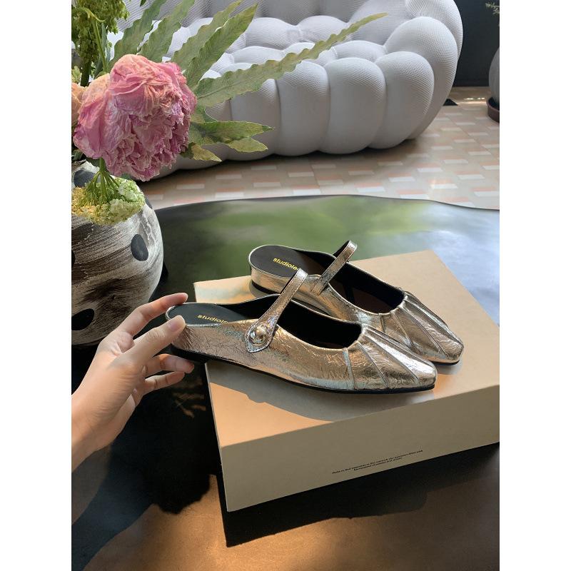 Temperament small square head pleated word with shallow mouth Mary Jane bag head half slippers female summer