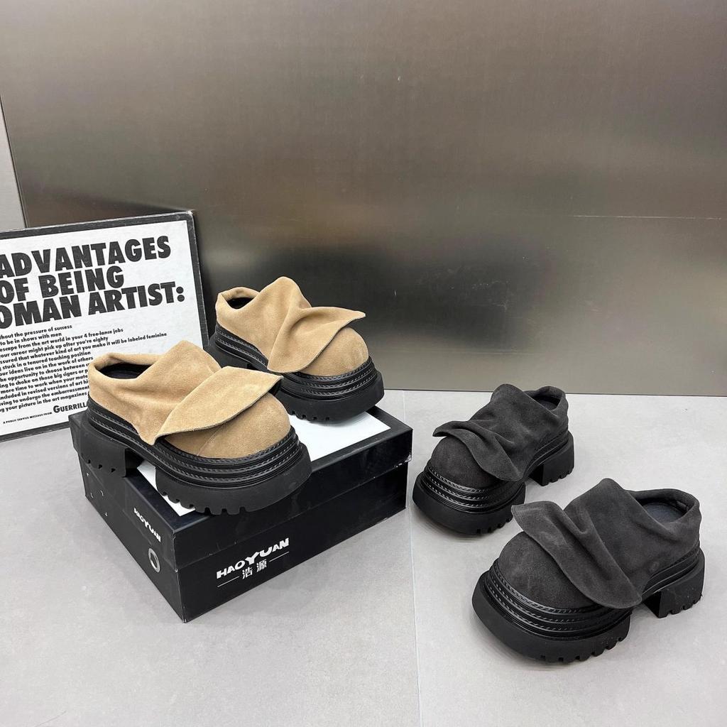 Baotou half slippers women's 2025 new ruffle edge catwalk small leather shoes small round head platform muller shoes