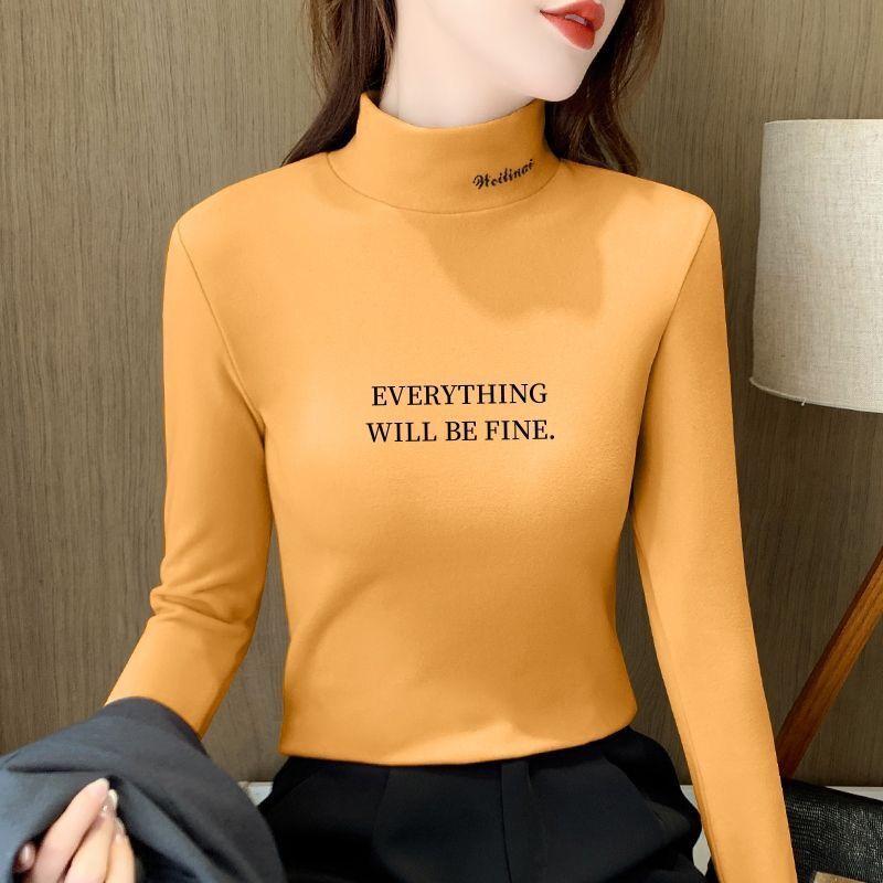 German Velvet Half-high Collar Printed Bottoming Shirt Women's Autumn and Winter Plus Velvet Long-sleeved T-shirt Slim-fit Warm  Top