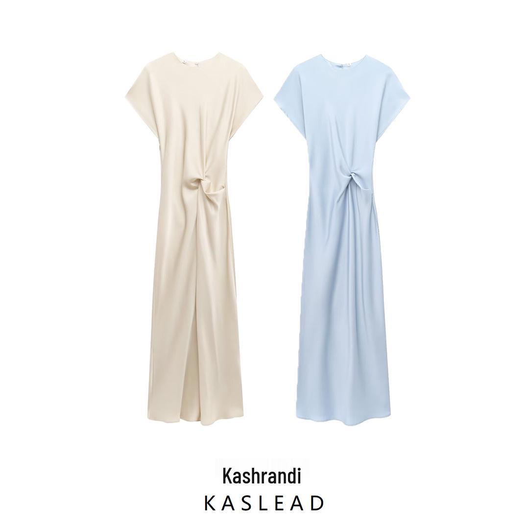 

2025 Spring Women s European & American Style Silk Satin Slimming Knot Dress XS