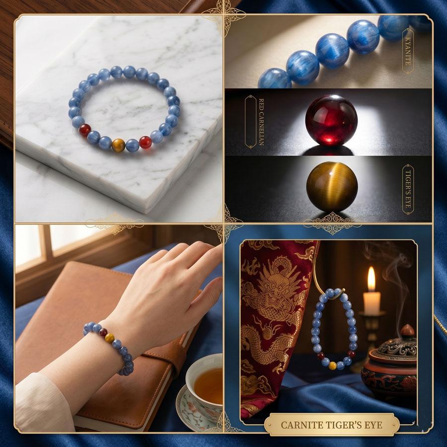 Naturalna Bransoletka z Kyanitu, Granatu i Tygrysiego Oka, Potrójna Chakra Kryształowy Amulet Leczący Boho, Kolorowy Amulet Energetyczny dla Kobiet