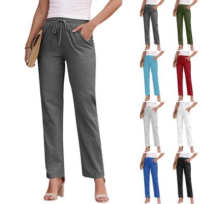 Women's Fashionable Color Drawstring Elastic Waist Pocket Cotton Linen Loose Casual Pants