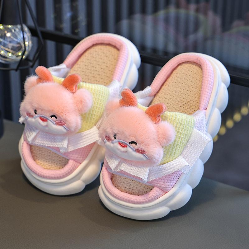 

Новые детские милые льняные тапочки с изображением кролика и дракона, весенние летние тапочки для мальчиков и девочек, нескользящие шлепанцы для дома на четыре сезона 24-25