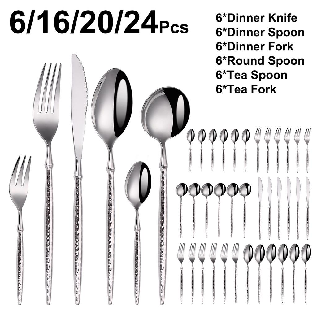 6/16/20/24Pcs Sliver Stainless Steel 304 Cutlery Set Sliver Tableware Western Hammer Pattern Handle Dinner Set Knife Fork Spoon