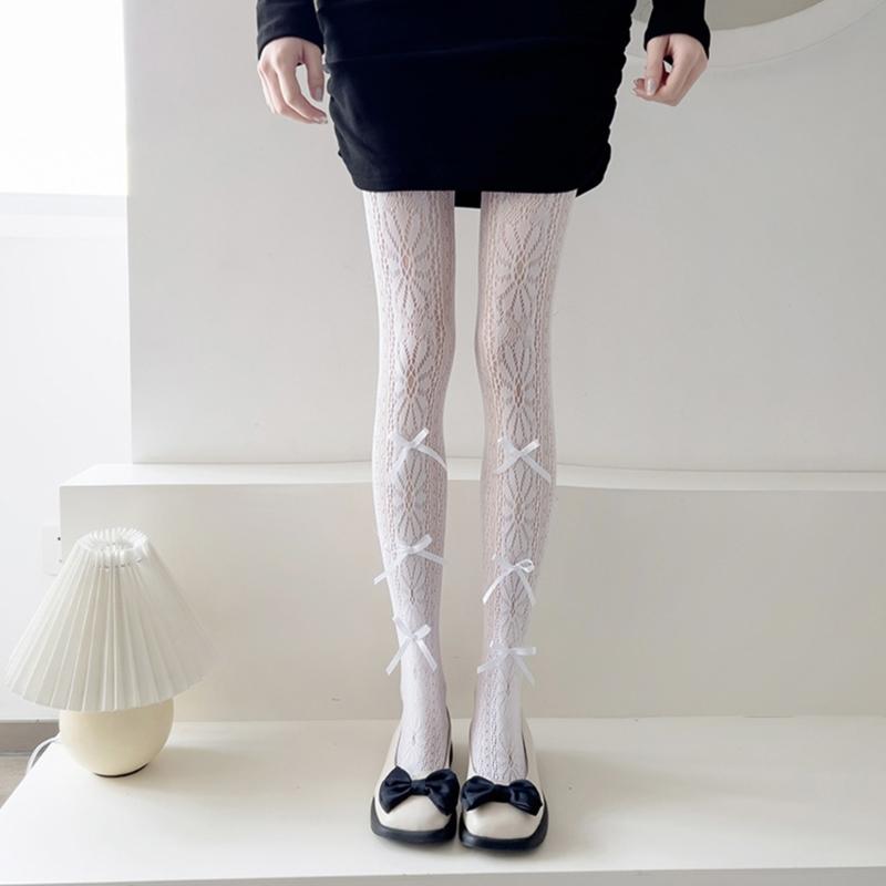 Women Hollow-Out Sheer Fishnet Pantyhose Japanese Style Sweet Bowknot JK Floral Lace Patterned Leggings Mesh Tights
