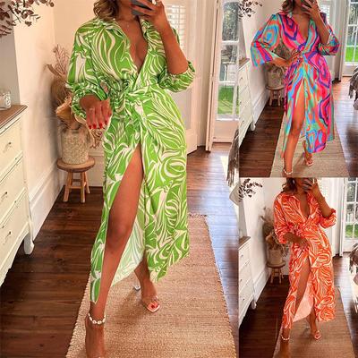 Spring and Autumn Women's Dress Fashion Printed Lantern Sleeve Tie Slit Lapel Dress Explosion Color Collision Medium Long Dresses
