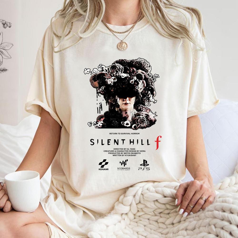 Silent Hill F Tshirt Horror Game Pattern Tshirt Summer New Retro Street Unisexs and Womens Casual Fashion Tshirt