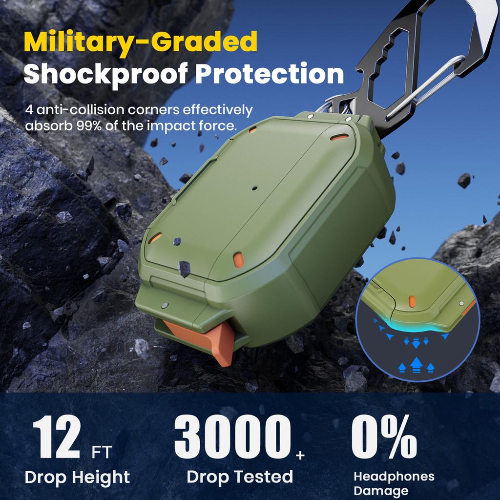 Full Body Protective for True Wireless Earbuds Featuring Built In Cleaning Pen Safety Lock Design and Carabiner Clip for