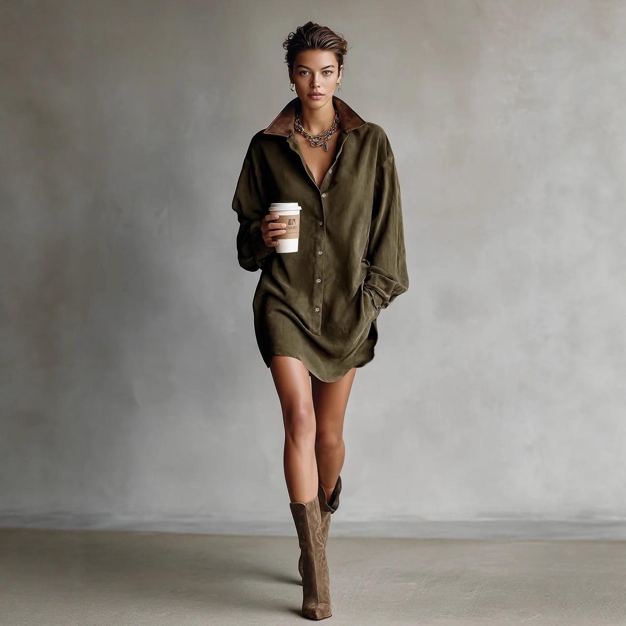 

European Style Women s Long Sleeve Retro Shirt Dress for Spring & Autumn 2026 XXXL оливковий