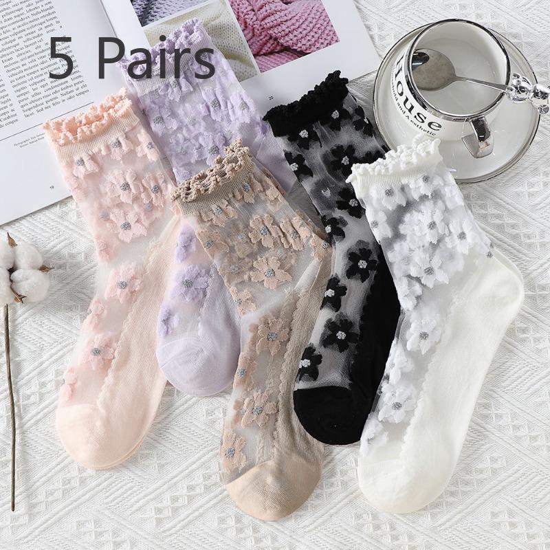 5 Pairs of Women's Summer Super Thin Polka Dot Cotton Sole Anti Hook Embroidered Clear Crystal Stockings