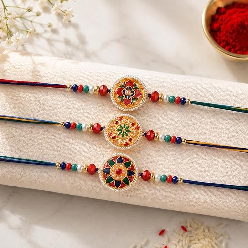 Rakhi for Brother Set of 3 Designer Floral Rakhis for Brother with Beads and Thread, Traditional Handmade Raksha Bandhan Rakhi Combo Pack, Decorative