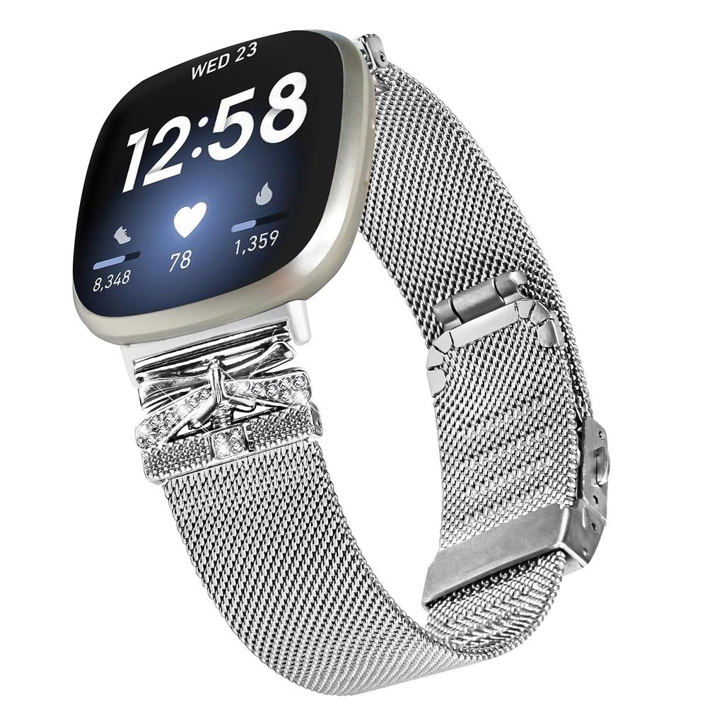 Watch Strap for Fitbit Versa 4/Sense 2 Stainless Steel Milanese Band with Rhinestone Decor
