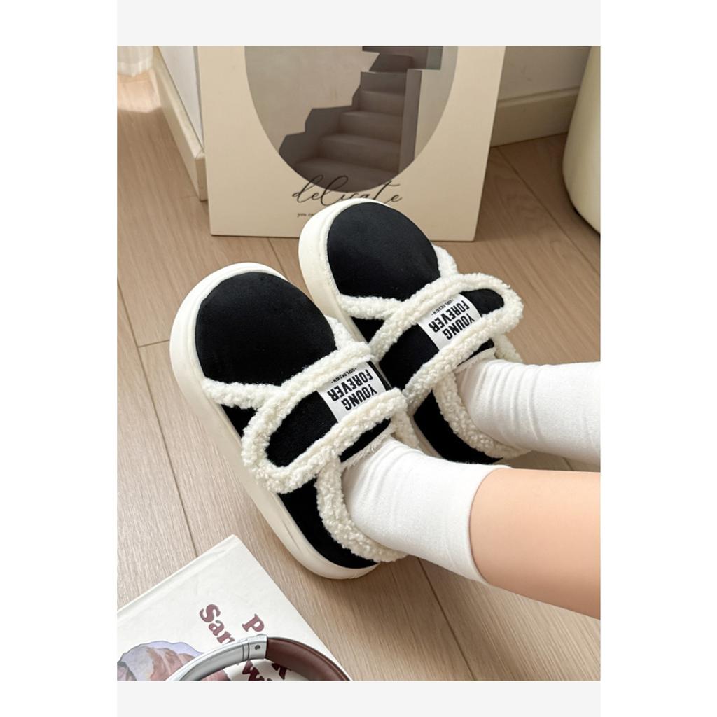 Cotton Slippers for Women To Wear Outdoors In Winter, Indoor Home with Thick Soles and Plush Insulation Bag and Velcro Cotton Shoes