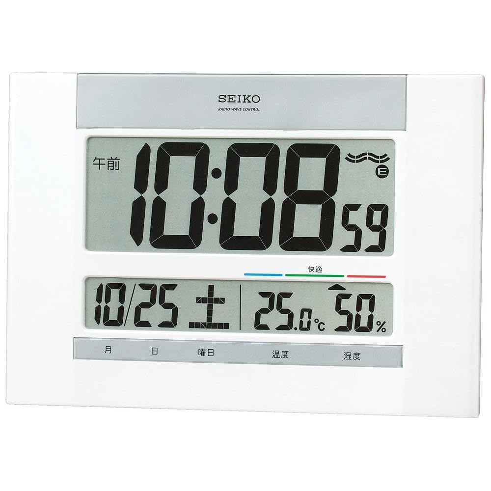 Seiko Clock Wall Clock/Desk Clock, Radio-Controlled, Digital, Calendar, Comfort Level, Temperature, Humidity Display, Slim Design, White Pearl SQ429W