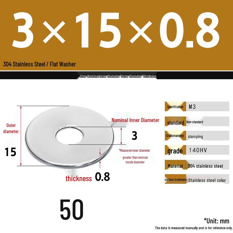 304 Stainless Steel Thickened Flat Washer Set, Sizes 2-36