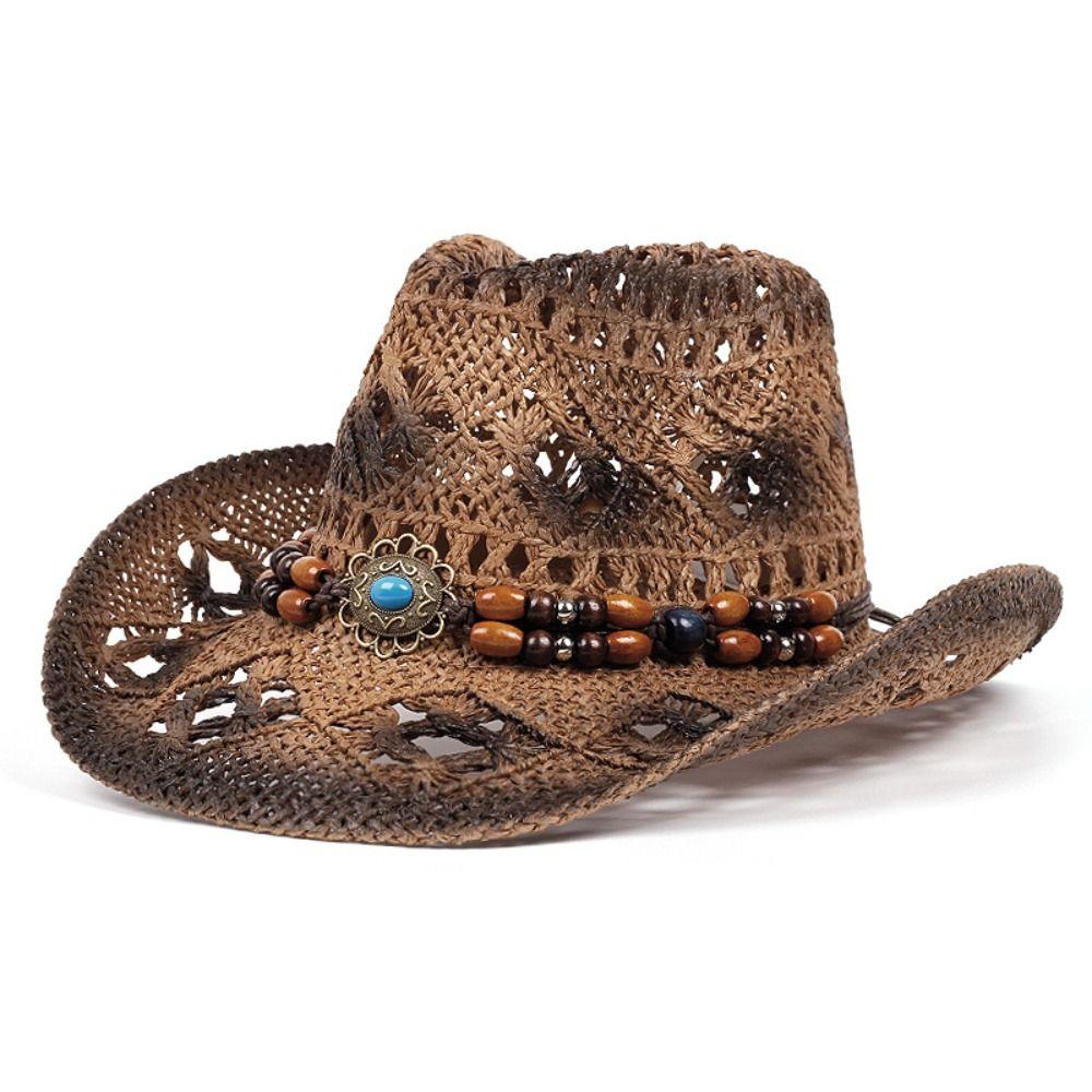 Beads Sunscreen Straw Hat Wide Brim Cowgirl Visor Cap Classic Summer Hat  Ladies