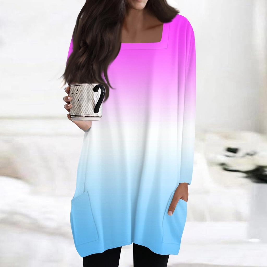 Womens Tops Square Collar Long Sleeve Blouses Casual Mid-length Shirts Fashion Print Tunic Tops With Pockets