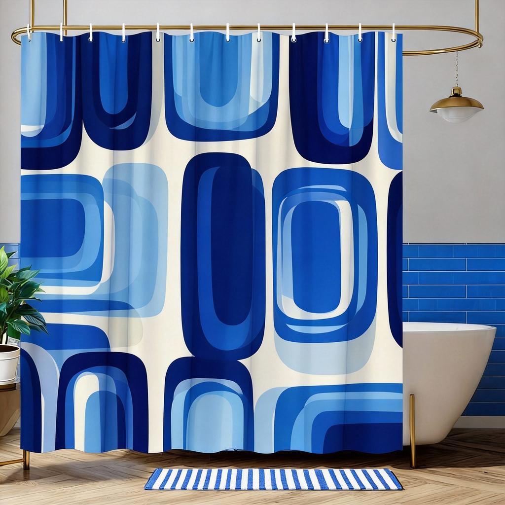 Retro Geometric Shower Curtain Layered Green & Brown Shapes, Mid-Century Modern Bath Curtain for Vintage and Boho Bathroom Decor