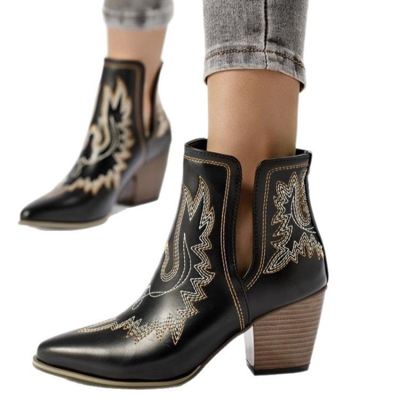 Printed Embroidery Pointed Square Heel Chelsea Boots Autumn New Short Tube Style Women's Boots Women