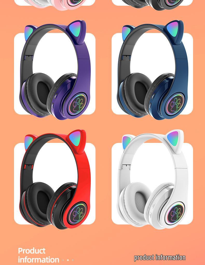 B39 Cat Ear Wireless Bluetooth Over-Ear Headphones: Luminous, Foldable, Heavy Bass, Gaming