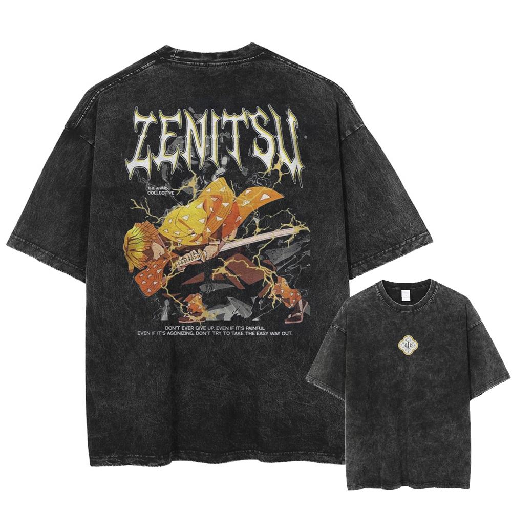 Demon Slayer Anime Print T-shirt Summer Washed Retro T-shirt Harajuku Style for Men Casual Outdoor Daily Wear Street Style