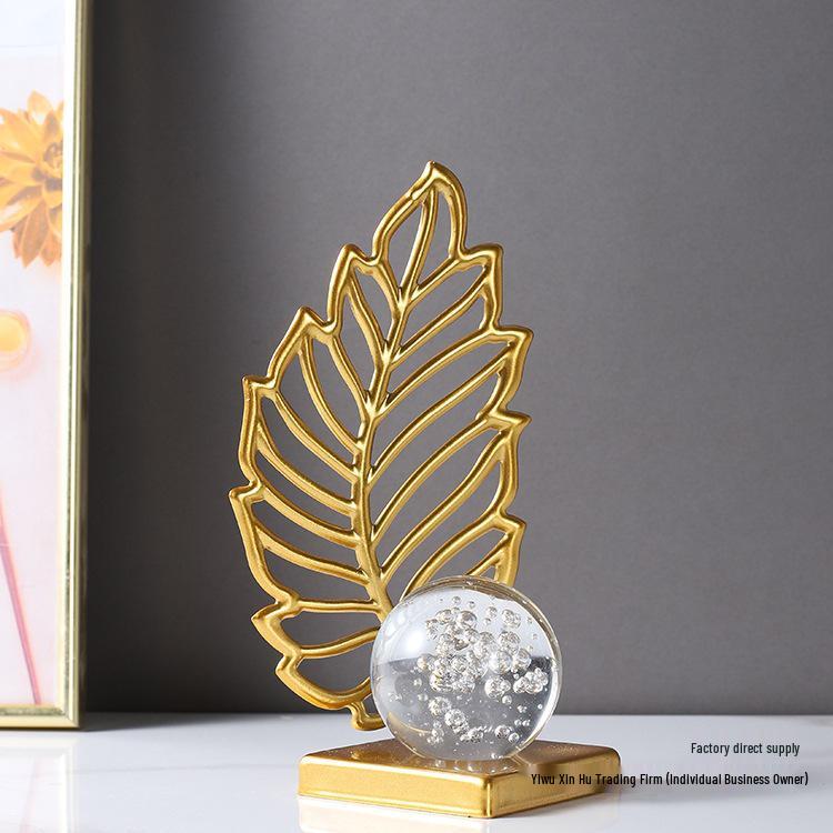 Nordic Leaf Crystal Ball Ornament: Elegant Light Luxury Decoration for Home Entrance, Living Room, Wine Cabinet, or Office Display.