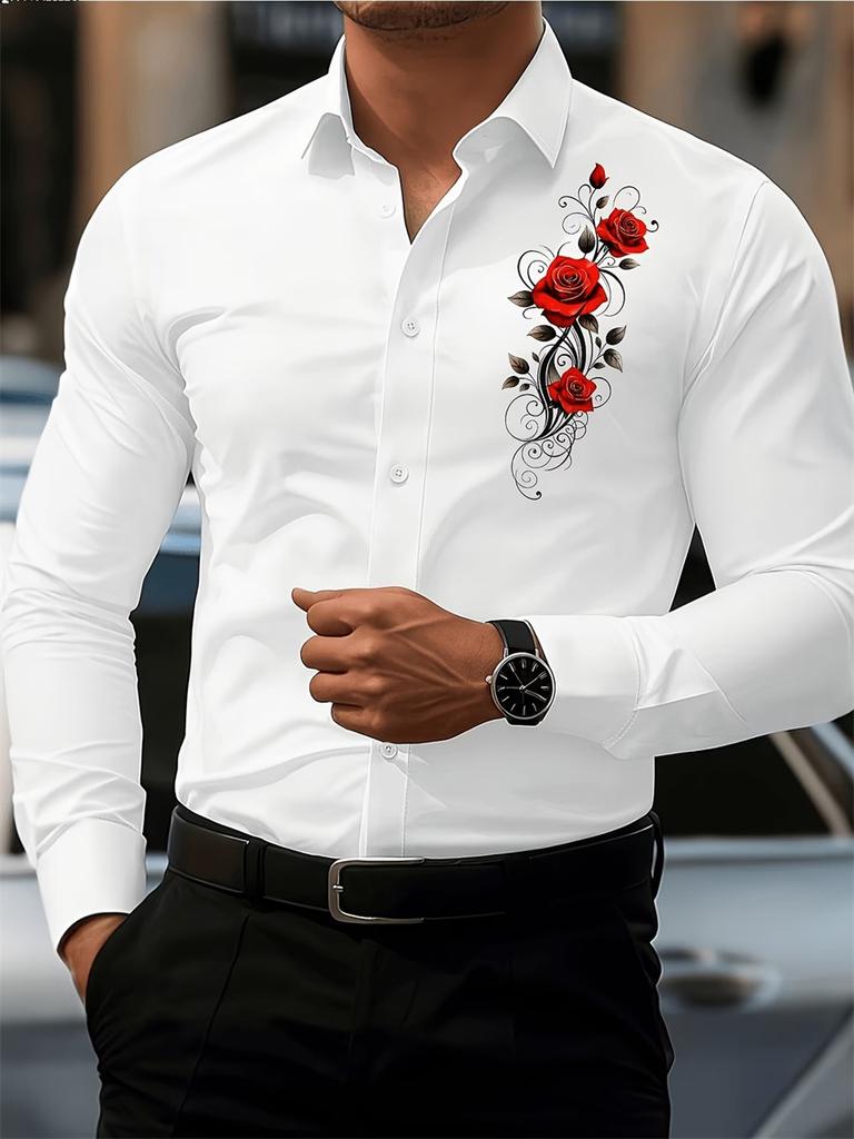 2026 Men's Fashion Red Rose Print Long-Sleeve Shirt, Stylish Casual Design, Spring/Autumn Casual Shirt