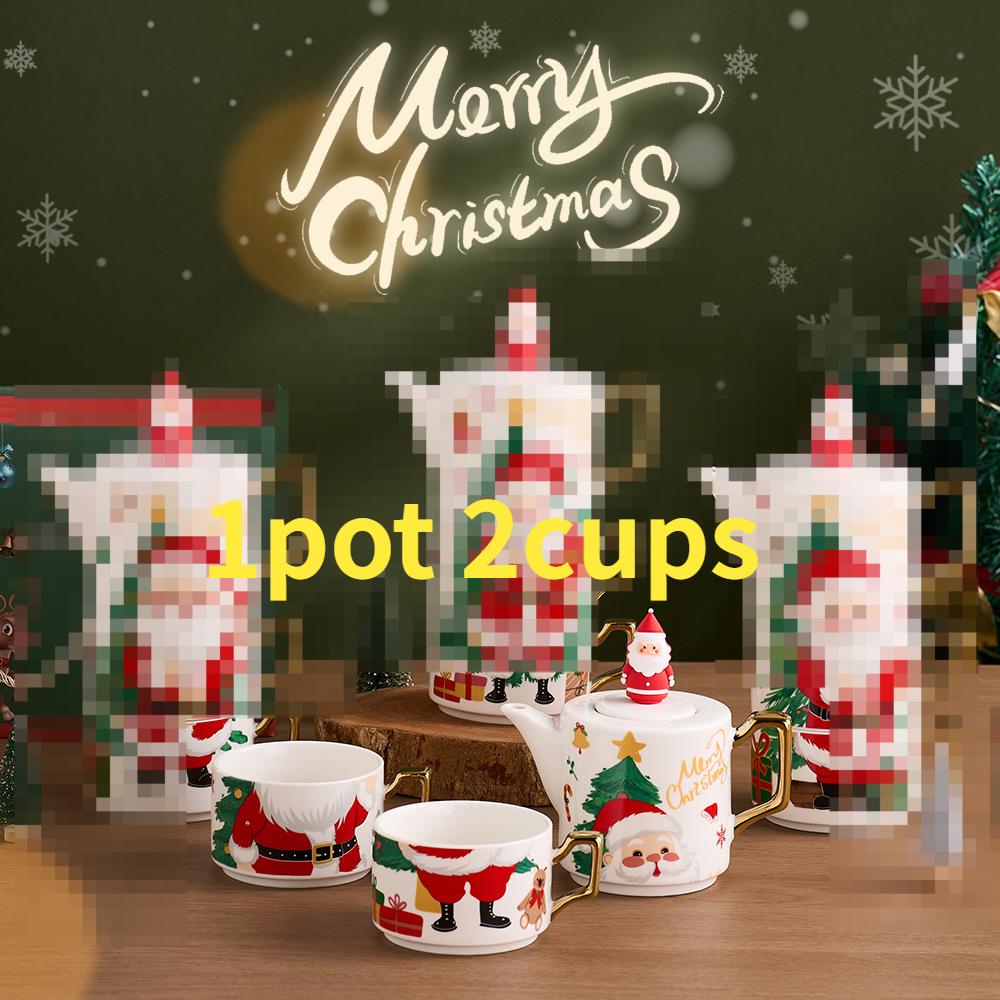 Świąteczny ceramiczny czajnik Amazon Hot Selling Specjalny prezent świąteczny Jeden czajnik Dwie filiżanki Pozłacany zestaw do herbaty