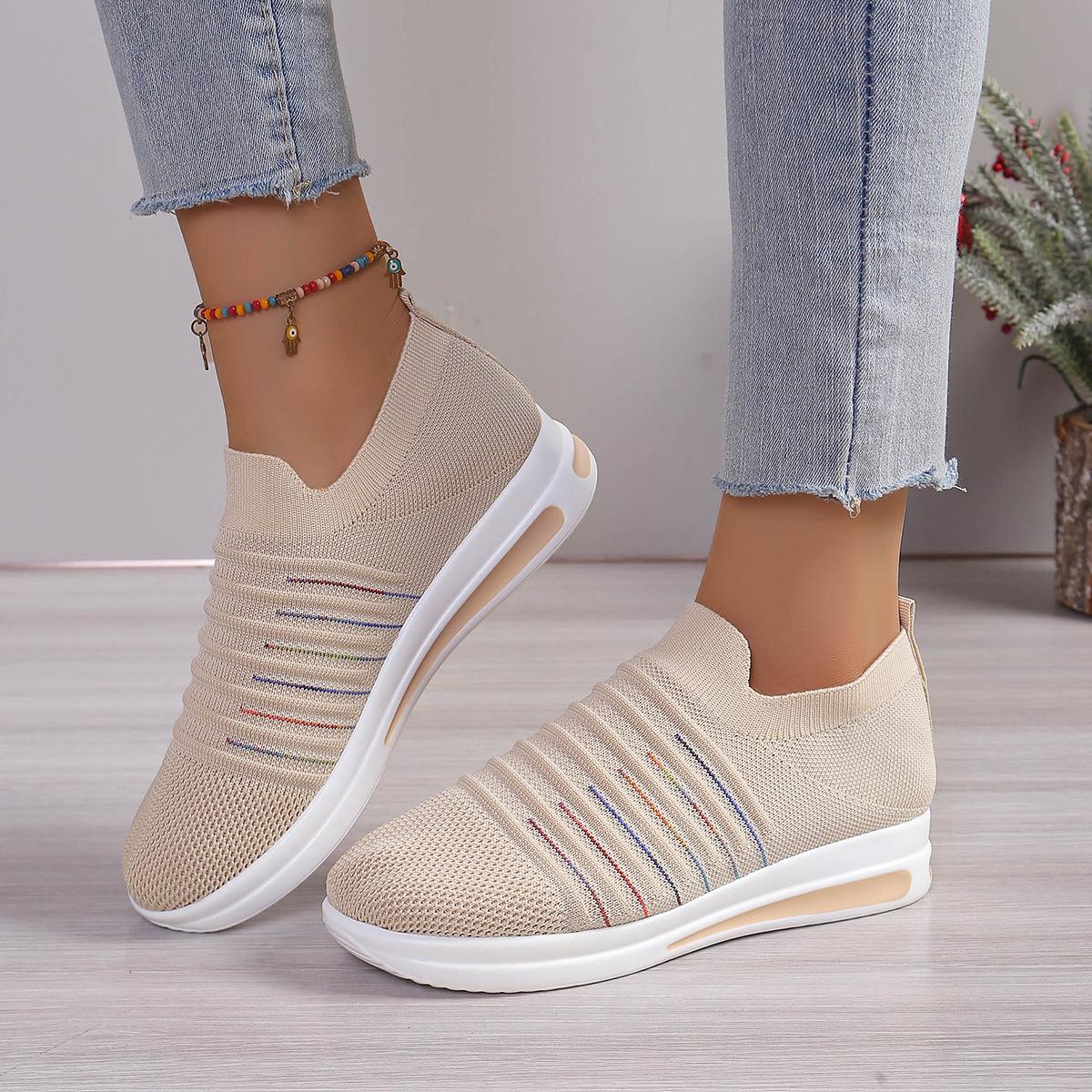 2025 Spring/Autumn Plus Size Thick Sole Wedge Platform Flat Flyknit Women s Casual Slip-on Shoes 38 бежевый
