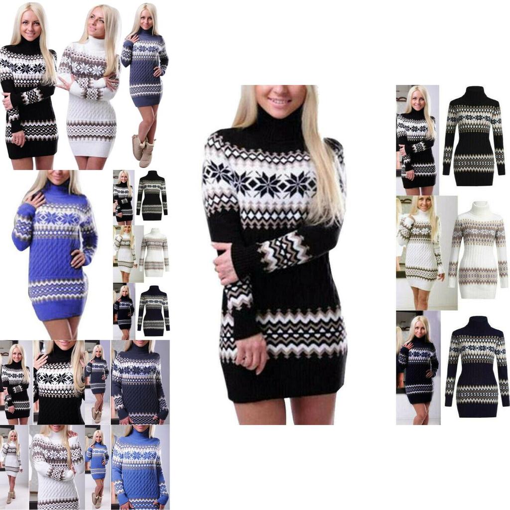 Elegant Christmas Woman Turtleneck Sweater Dress With Festive Snowflake Pattern