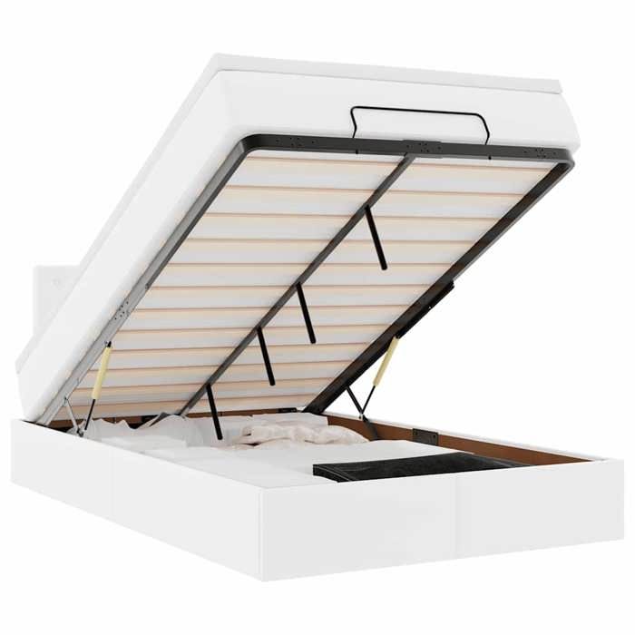 Cadre de lit ottoman - 120x200 cm - Similicuir blanc - Rangement sous le lit - Surmatelas confortable
