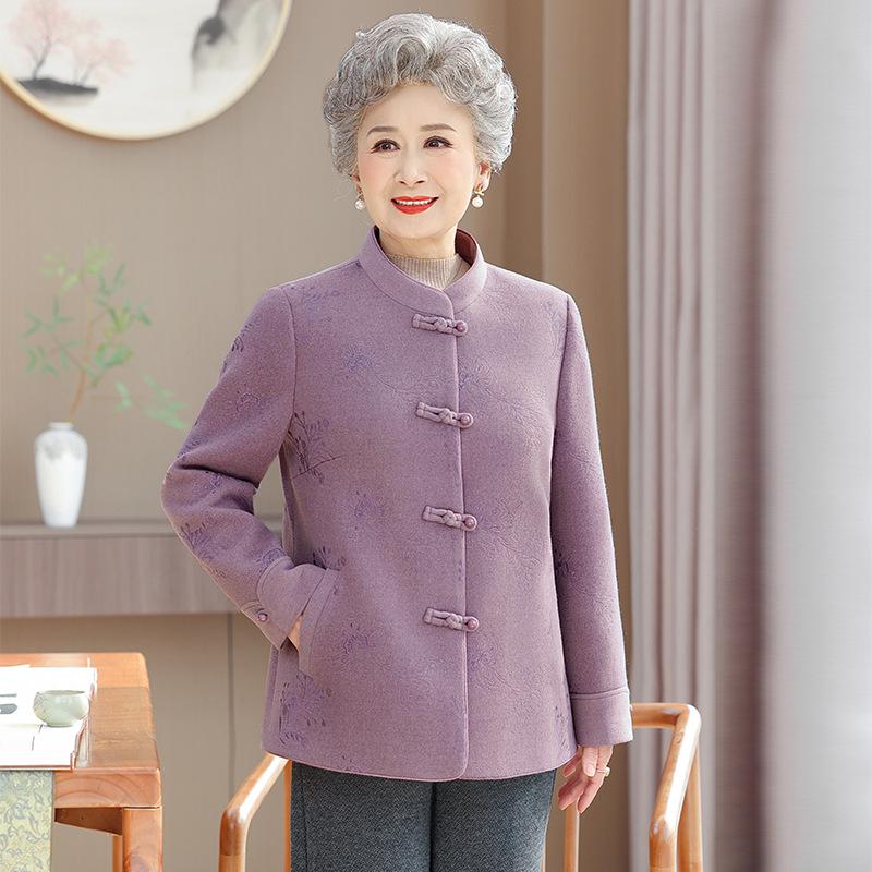 

Spring Apparel for Mature Women: Grandma Style Wool Coat & New Chinese Stand Collar, Festive Mother’s Tang Suit Jacket. L (Under 100 lbs)