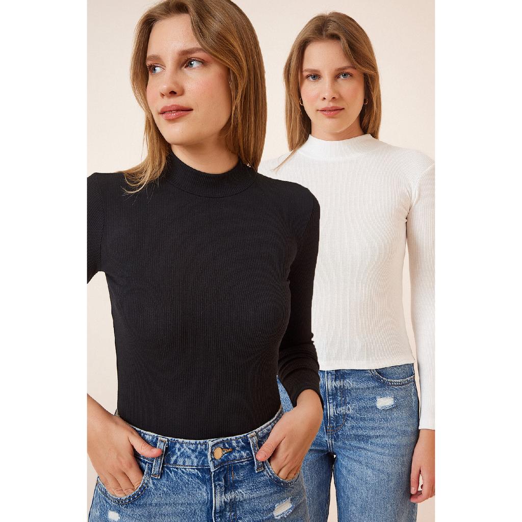 Women's Black White 2 Pack Ribbed Turtleneck Knitted Blouse Gt00053