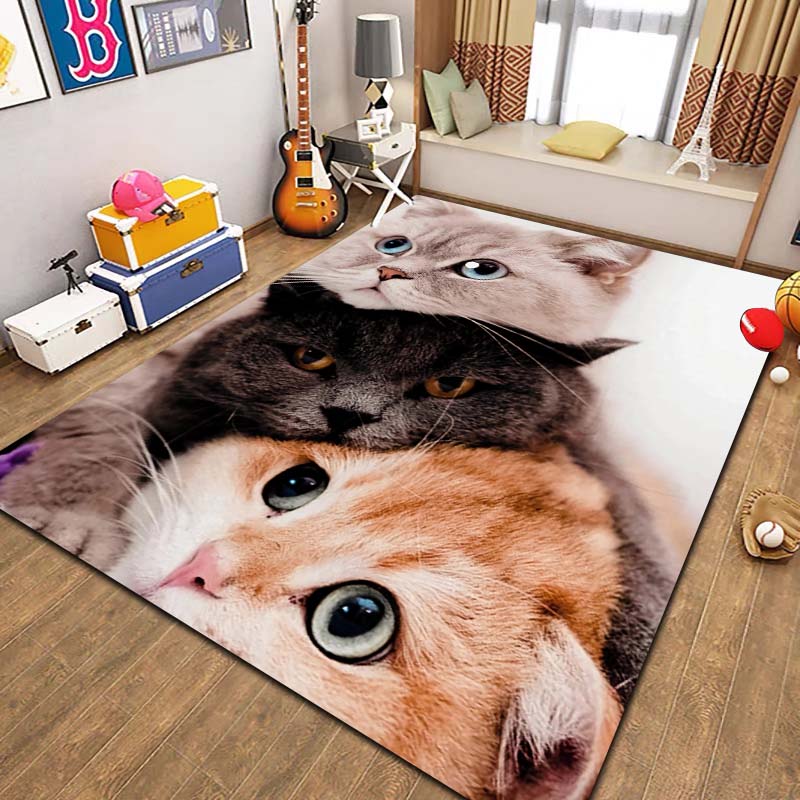Cute Cartoon Cat Pet Animal Print Flannel Area Rug Non‑Slip Soft Floor Mat For Couch Bedroom Living Room Indoor Home Decor Gift