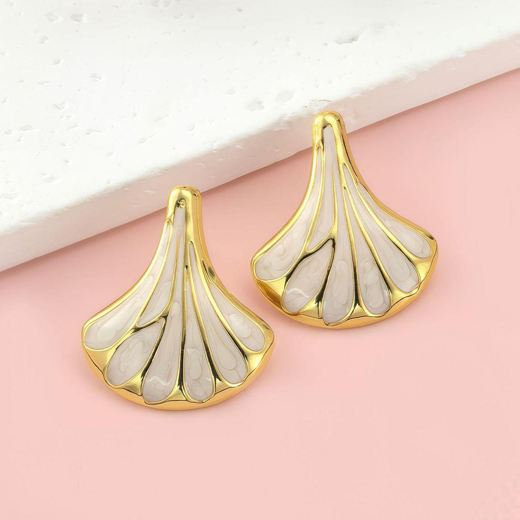 Gold Plated Ginkgo Leaf Fan Earrings, Stainless Steel Tassel Studs for Women