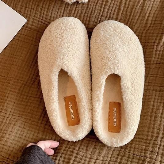 Autumn and Winter New Bag Head with One Foot To Keep Warm Cotton Shoes with Plush Fluffy Half Slippers Women Wear Autumn and Winter Models