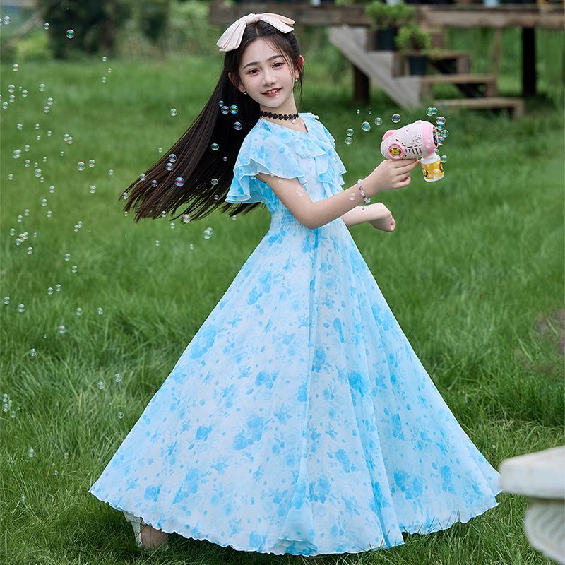 Girls Floral Print Princess Short Sleeve A Line Summer Dress For Big Kids 120cm