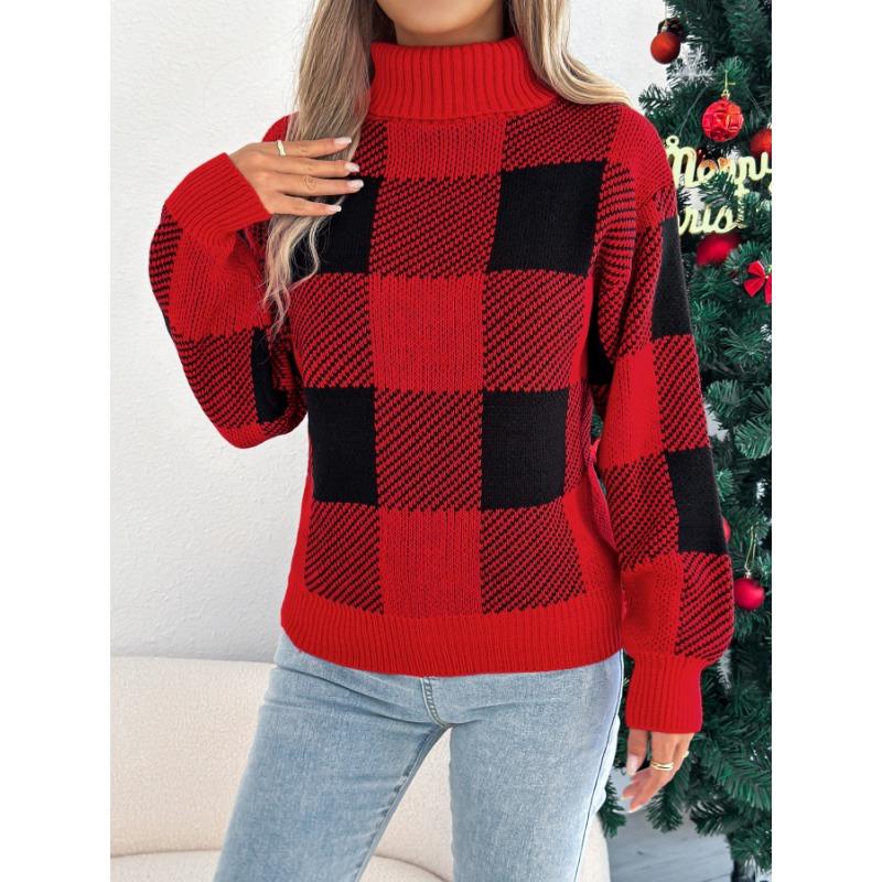 Women European Style Contrast Color Plaid High Neck Long Lantern Sleeve Pullover Sweater