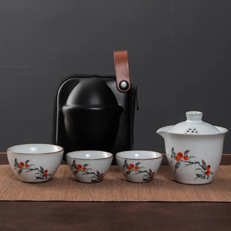Ruyao Kuaike Cup Ceramic One Pot Three Cups, Car Mounted, Outdoor Hand Drawn, Simple Portable Bag, Travel Kung Fu Tea Set