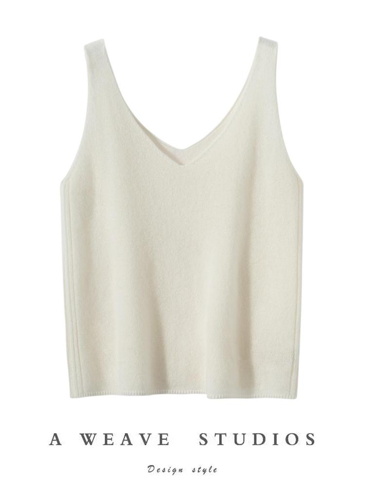 Women's Cashmere V-Neck Ribbed Tank: Autumn/Winter Sleeveless Knit Base Layer with Spaghetti Straps in Solid Colors